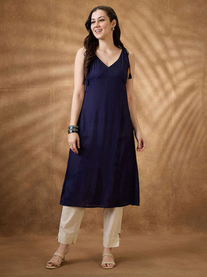 Globus Women Woven Design A-line Kurta(Blue)