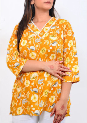 brozzo Women Floral Print Ethnic Dress Kurta(Yellow)