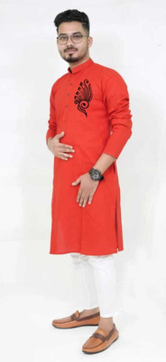 Mamta Biswas Men Printed Straight Kurta(Red)