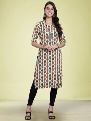 Moda Rapido Women Floral Print Straight Kurta(White)