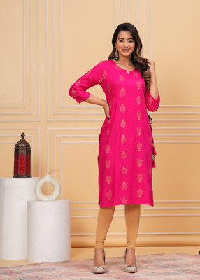 ANGELINO Women Printed Straight Kurta(Pink)