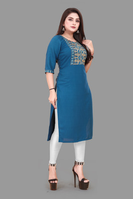 WOMENSILK Women Embroidered Straight Kurta(Blue)