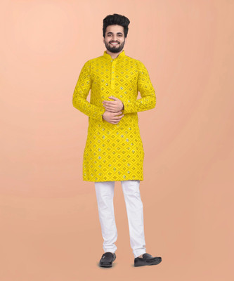 shreeram Men Embellished Straight Kurta(Yellow)