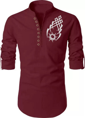 DIMMY Men Printed Straight Kurta(Maroon)