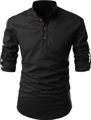 krishu Men Solid Straight Kurta(Black)