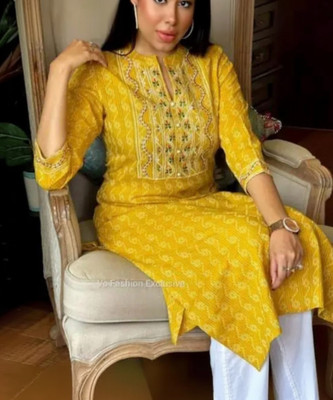 Arsh collection Women Embroidered A-line Kurta(Yellow)