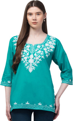 Meyara Women Embroidered Straight Kurta(Green, White)