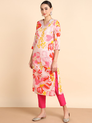 PinkTribe Women Printed Straight Kurta(Pink)
