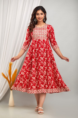 WAFERY Women Printed Anarkali Kurta(Red)