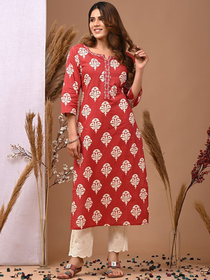 SHEINOR Women Printed Straight Kurta(Red)