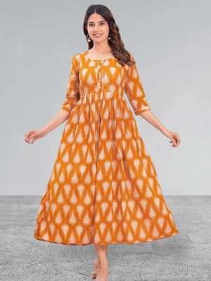 HOUSE OFF COMMON Women Printed Anarkali Kurta(Yellow)