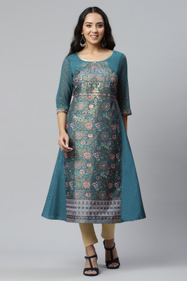 Aurelia Women Floral Print A-line Kurta(Black)