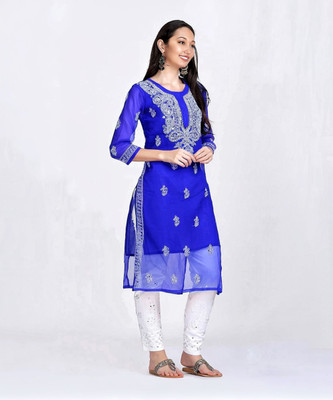 SMAfashion Women Chikan Embroidery A-line Kurta(Blue)