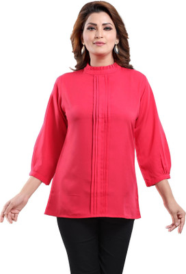 Anmi Hot Pink Poly Crepe Office Wear Short Tunic Top Solid Women Straight Kurta(Pink)