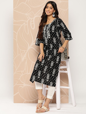 Deshopever Women Abstract Straight Kurta(Black)