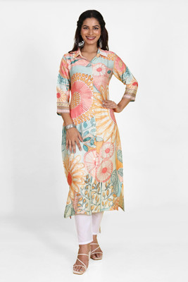 Nioni Women Floral Print Straight Kurta(Light Green)