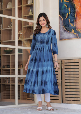 TANTANATAN Women Printed A-line Kurta(Dark Blue)
