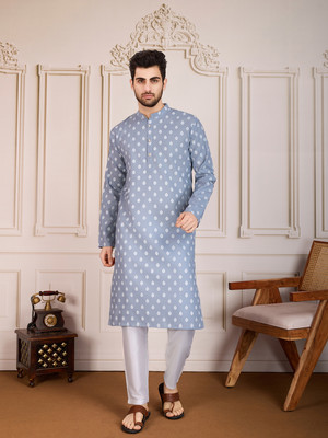 House of Pataudi Men Printed Straight Kurta(Grey)