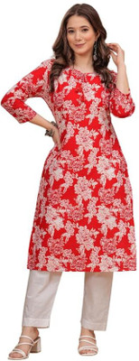 DIKMAZ Women Printed A-line Kurta(Red, Beige)