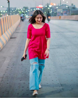 MAHAWAR Women Solid, Embellished Straight Kurta(Pink)