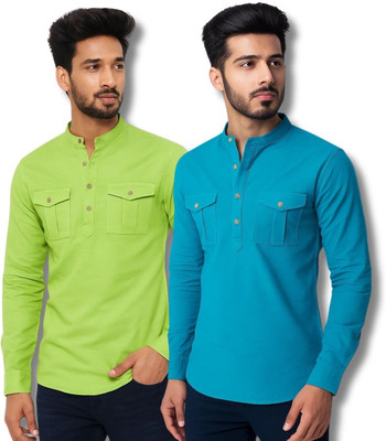 GOD HEART Men Solid Straight Kurta(Light Green, Blue)