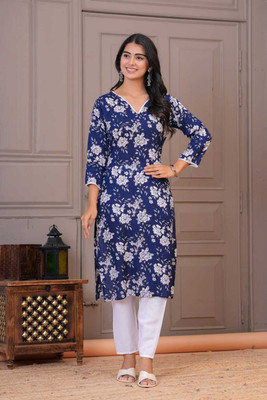 Kurties Haunt Women Floral Print, Printed A-line Kurta(Blue)
