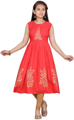 Sangria Girls Printed Flared Kurta(Red)