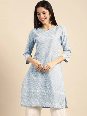 vestito Women Chikan Embroidery A-line Kurta(Grey)