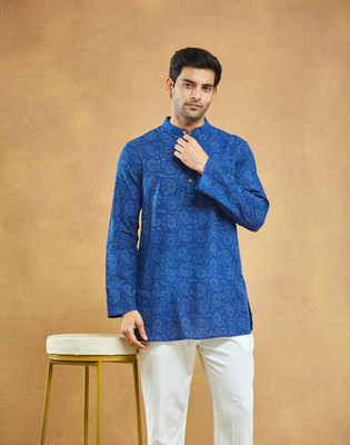 Fabindia Men Printed Straight Kurta(Blue)