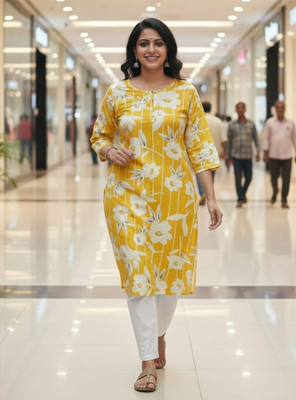 sofiacollection Women Floral Print, Striped Straight Kurta(Yellow)