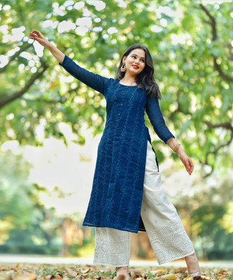 LIBAS Women Embroidered Straight Kurta(Blue)