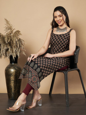 VBUYZ Women Floral Print Straight Kurta(Black)