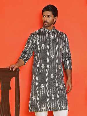 Jompers Men Embroidered Straight Kurta(Grey)