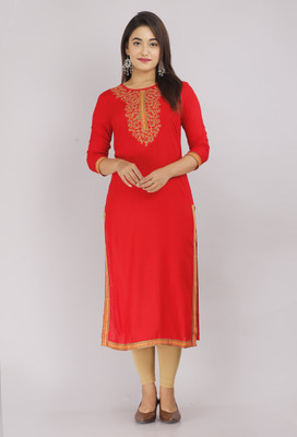 STYLE ANGEL Women Embroidered Straight Kurta(Red)
