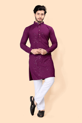 KISHANTRADE Men Chikan Embroidery Pathani Kurta(Purple)