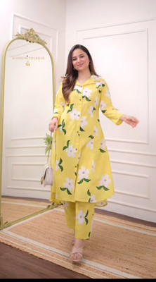 prajapati Women Printed Flared Kurta(Yellow)