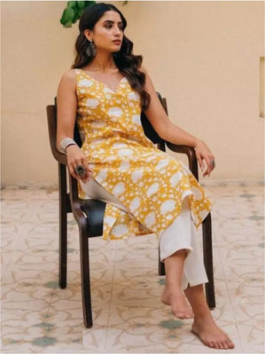 gobya Women Printed Straight Kurta(Yellow, White)