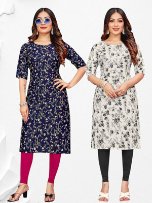 Nitya Trendz Women Printed Straight Kurta(Blue, White)