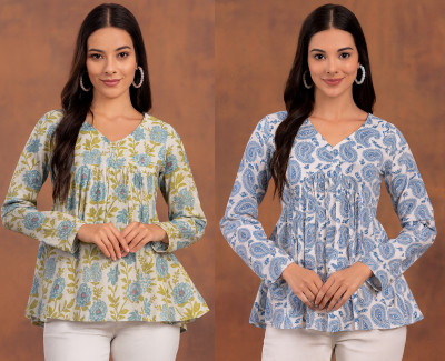 CLANGER Women Floral Print Flared Kurta(Green)
