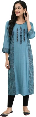 Rajputana Camisa Women Embroidered Straight Kurta(Blue)