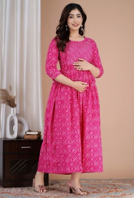 Dinru Women Kalamkari Anarkali Kurta(Pink)