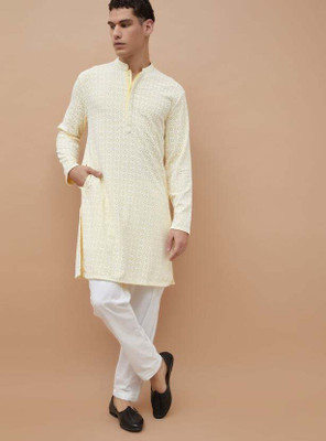 Melange by Lifestyle Men Printed Straight Kurta(Yellow)