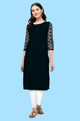 HouseOfCommon Women Self Design, Solid A-line Kurta(Black)
