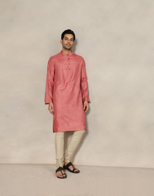 Fabindia Men Woven Design Straight Kurta(Pink)