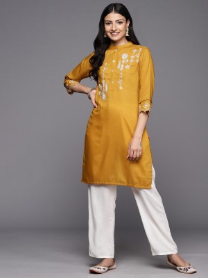 Varanga Women Embroidered Straight Kurta(Yellow)