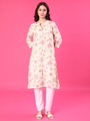 V-MART Women Printed A-line Kurta(Beige)