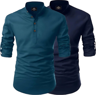 LIRMO Men Solid Straight Kurta(Dark Green, Light Blue)