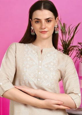 VINH FASHION Women Embroidered A-line Kurta(Beige, White)