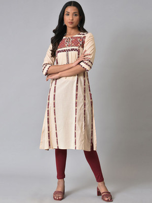W Women Printed A-line Kurta(Beige)