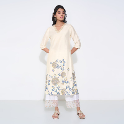 Rangmanch by Pantaloons Women Printed A-line Kurta(White)